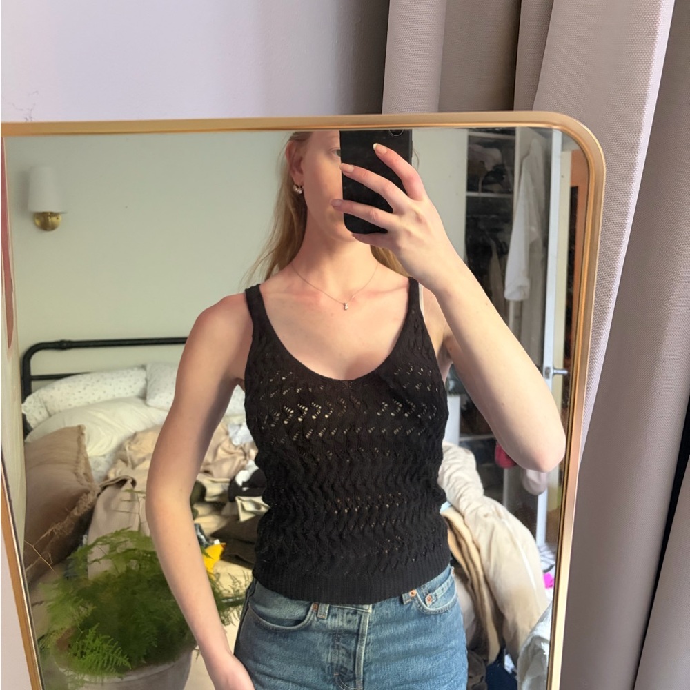 White + Warren Black Open-Knit Tank Top